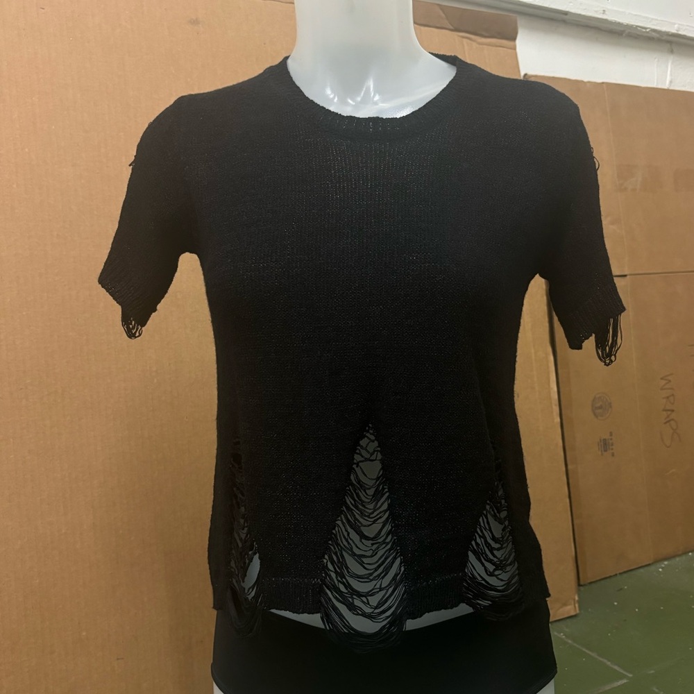 French Kiss Black Knit Distressed Top.  Perfect for Halloween. Small.